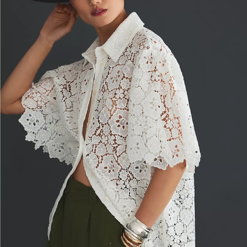 Anthropologie Maeve White Lace Button Down Shirt Size L